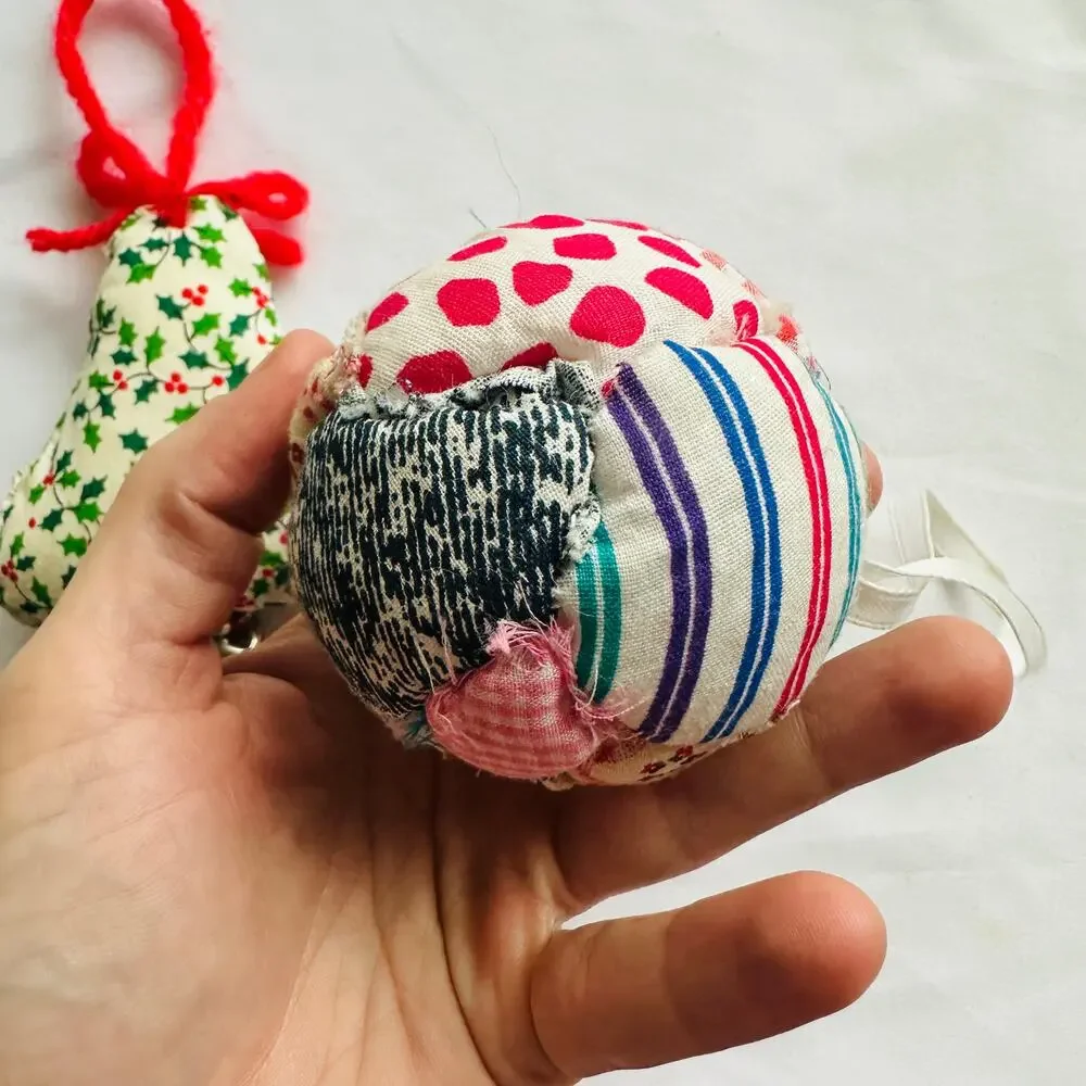 Vintage Handmade Bundle Of 2 Cottagecore Fabric Christmas Tree Ornaments